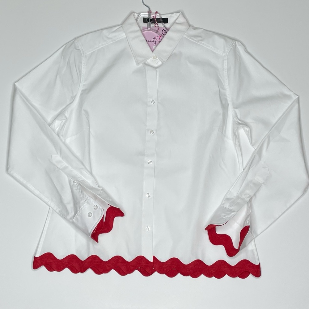 NWT Pearly Vine White Oxford, Red Rickrack Trim, S